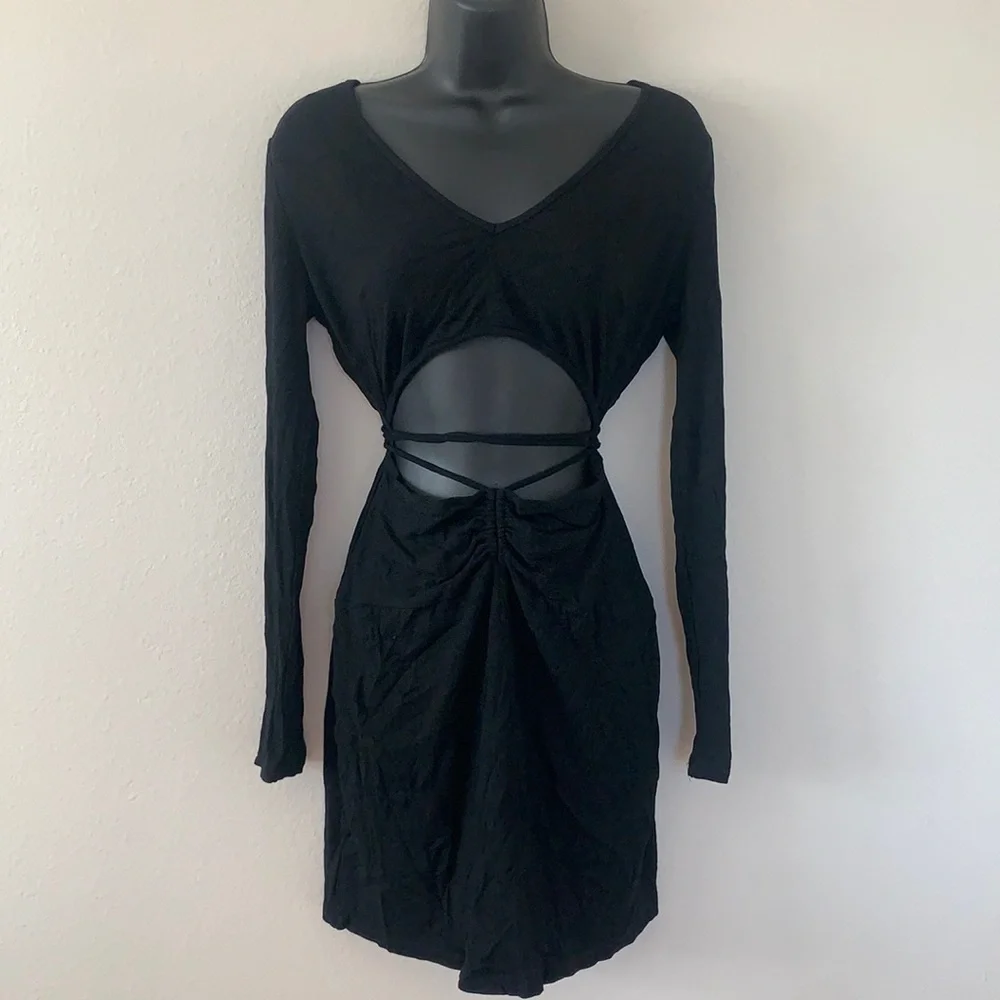 Princess Polly Noa Black Long Sleeve Ribbed Cut Out Criss Cross Tie Mini Dress - Picture 3 of 11